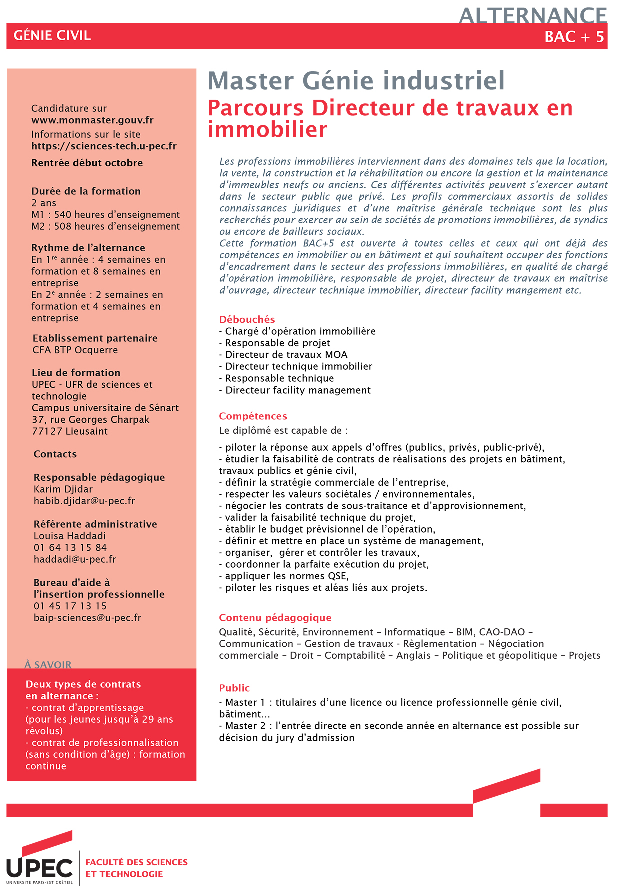 Fiche M1 et M2 Directeur de travaux immobiliers FST UPEC