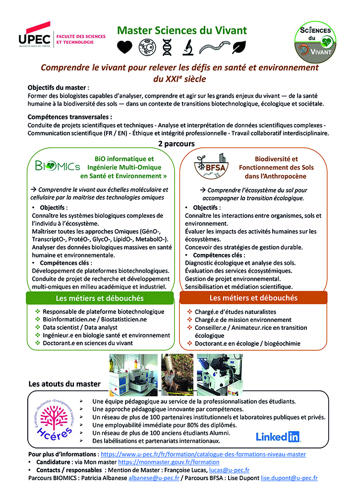 Plaquette descriptive du master Sciences du vivant
